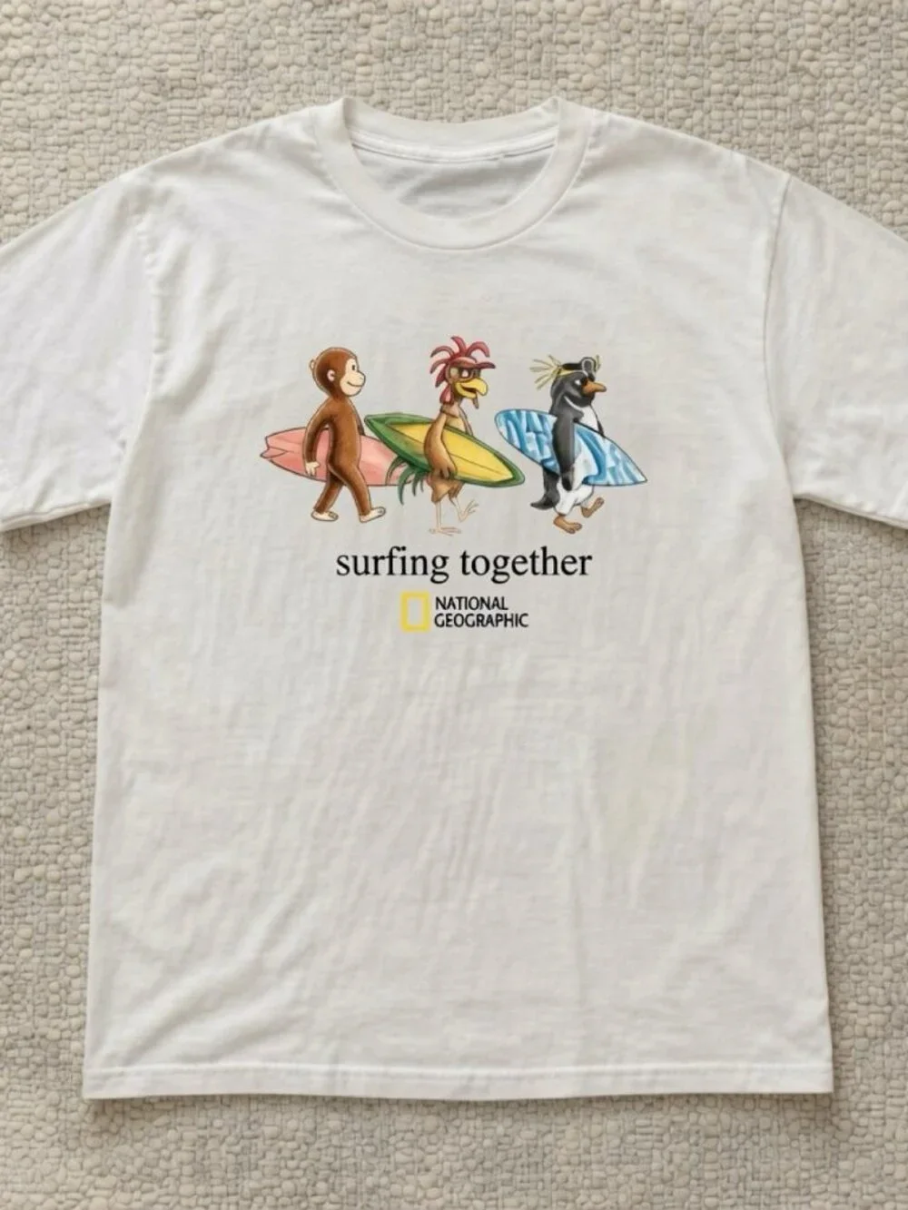 White National Geographic Curious George Surfing Together T-Shirt